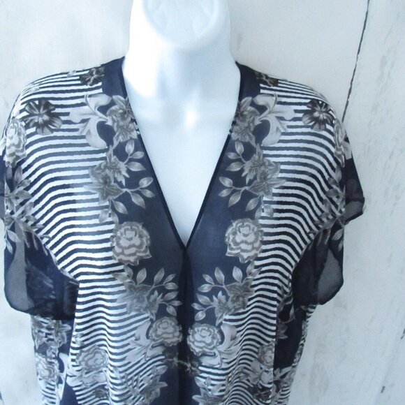 Cabi Yacht Top S Small Navy Blue Floral Stripe Sheer Popover 5024 - Picture 2 of 6